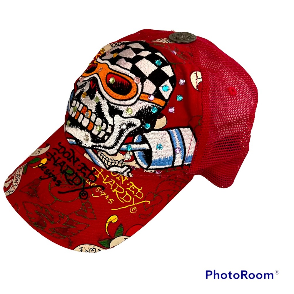 Y2k Ed Hardy Red Skull mesh trucker hat